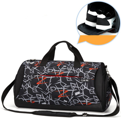 Black duffel bag with abstract pattern on a white background