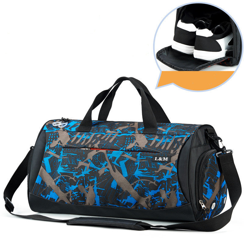 blue and black patterned duffel bag with a helmet inset showing white and black stripes.