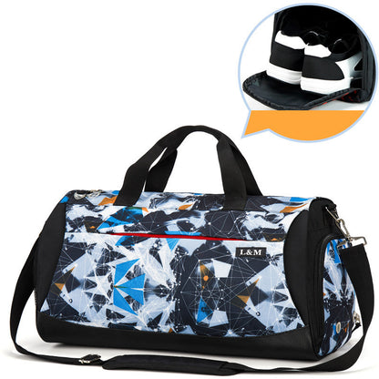 Duffel bag with geometric pattern and inset showing a hat inside.