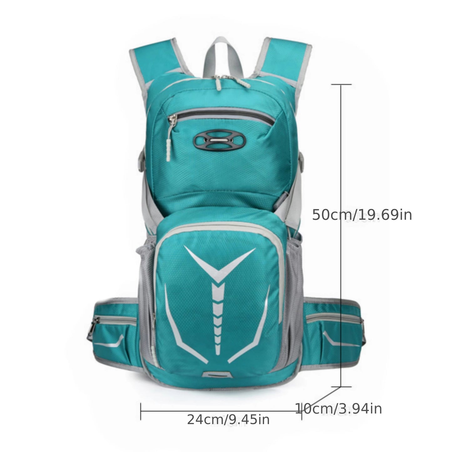 teal and gray backpack with measurements on a white background