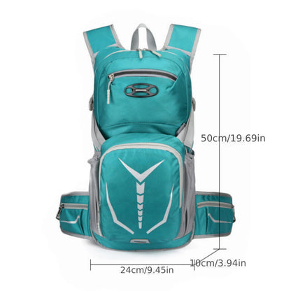 Teal and gray backpack with measurements on a white background